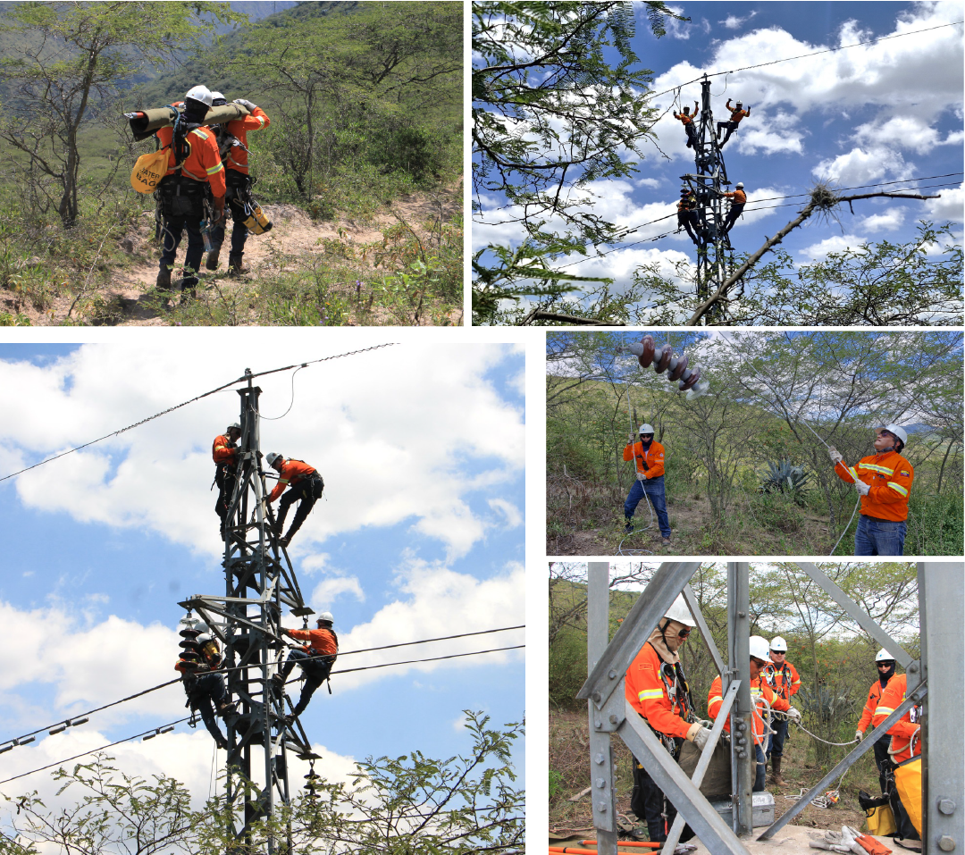 El grupo de Mantenimiento de Líneas Subtransmisión Energizadas realiza cambio de aisladores en la estructura No. 5, sector de Collaquí – Tumbaco.